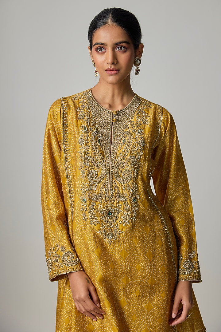 Mustard Yellow Silk Digital Printed & Zardosi Embroidered Kurta Set by Niti Bothra at Pernia's Pop Up Shop