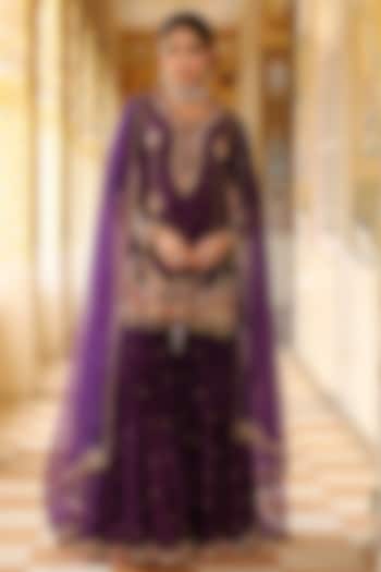 Purple Silk Chanderi Zardosi Embroidered Wedding Sharara Set by Niti Bothra at Pernia's Pop Up Shop