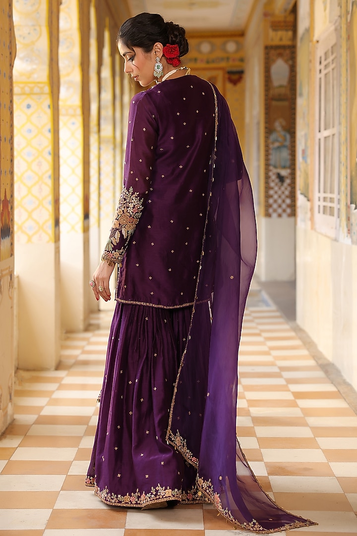 Purple Silk Chanderi Zardosi Embroidered Wedding Sharara Set by Niti Bothra at Pernia's Pop Up Shop