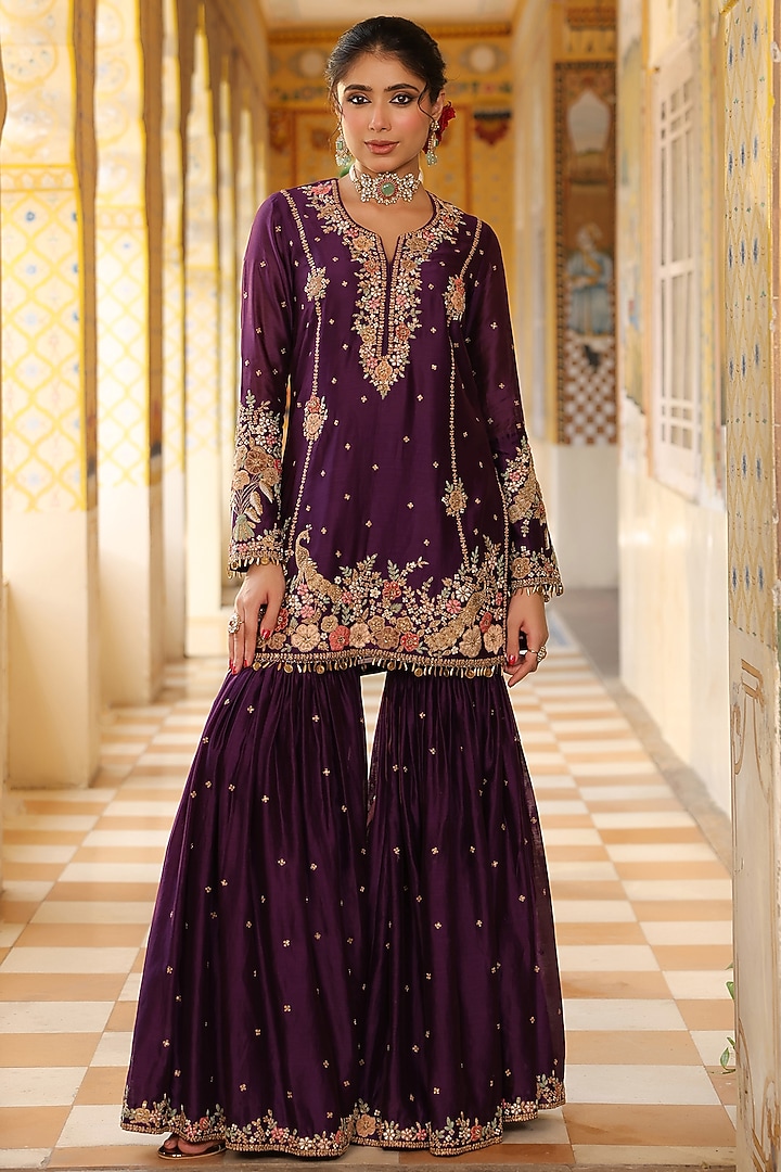 Purple Silk Chanderi Zardosi Embroidered Wedding Sharara Set by Niti Bothra at Pernia's Pop Up Shop