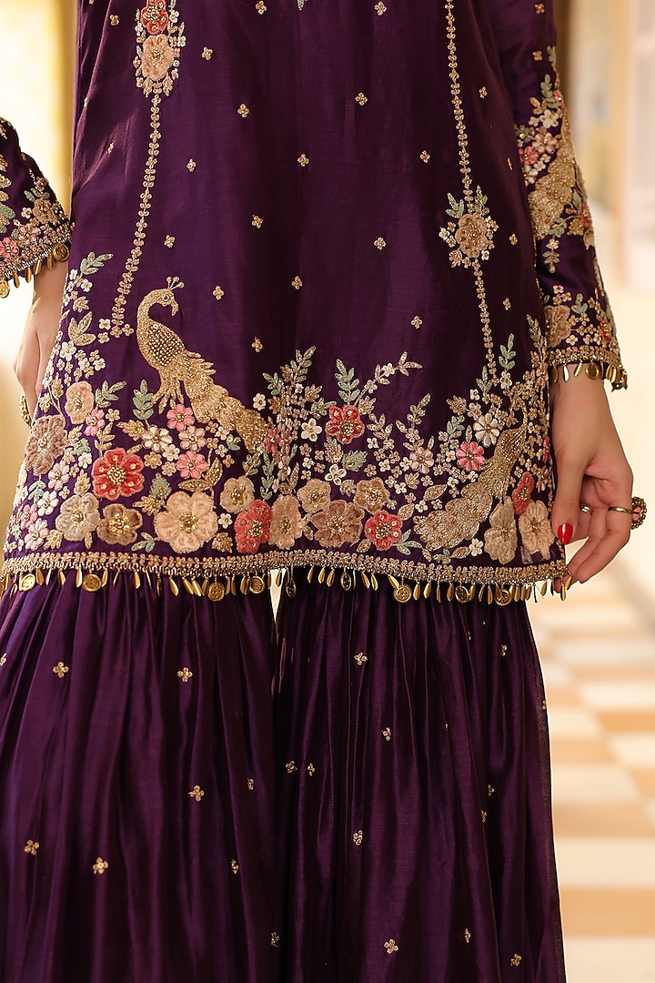 Purple Silk Chanderi Zardosi Embroidered Wedding Sharara Set by Niti Bothra at Pernia's Pop Up Shop