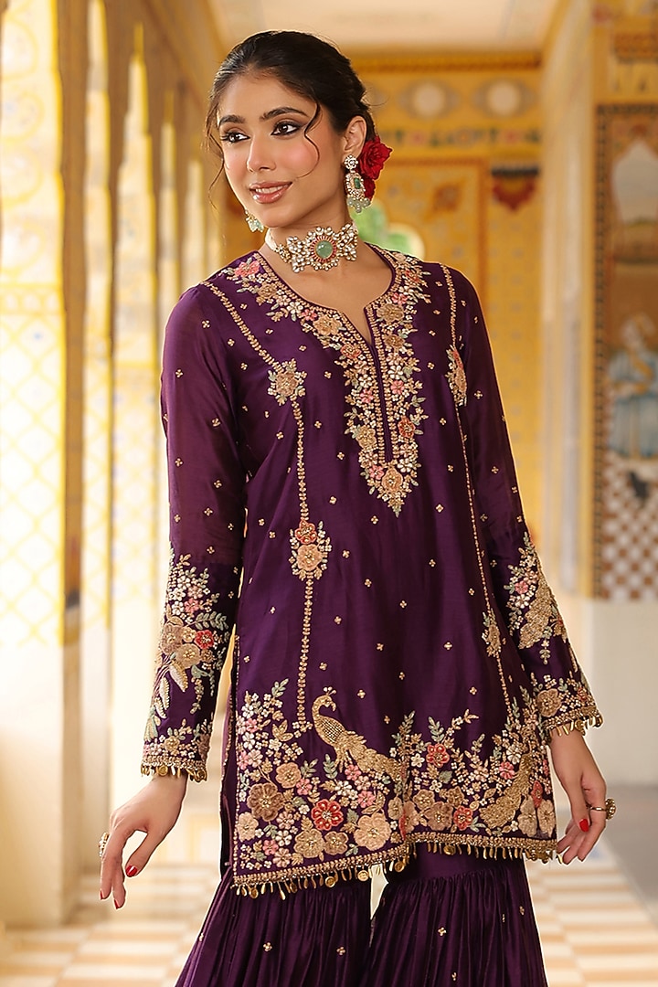 Purple Silk Chanderi Zardosi Embroidered Wedding Sharara Set by Niti Bothra at Pernia's Pop Up Shop