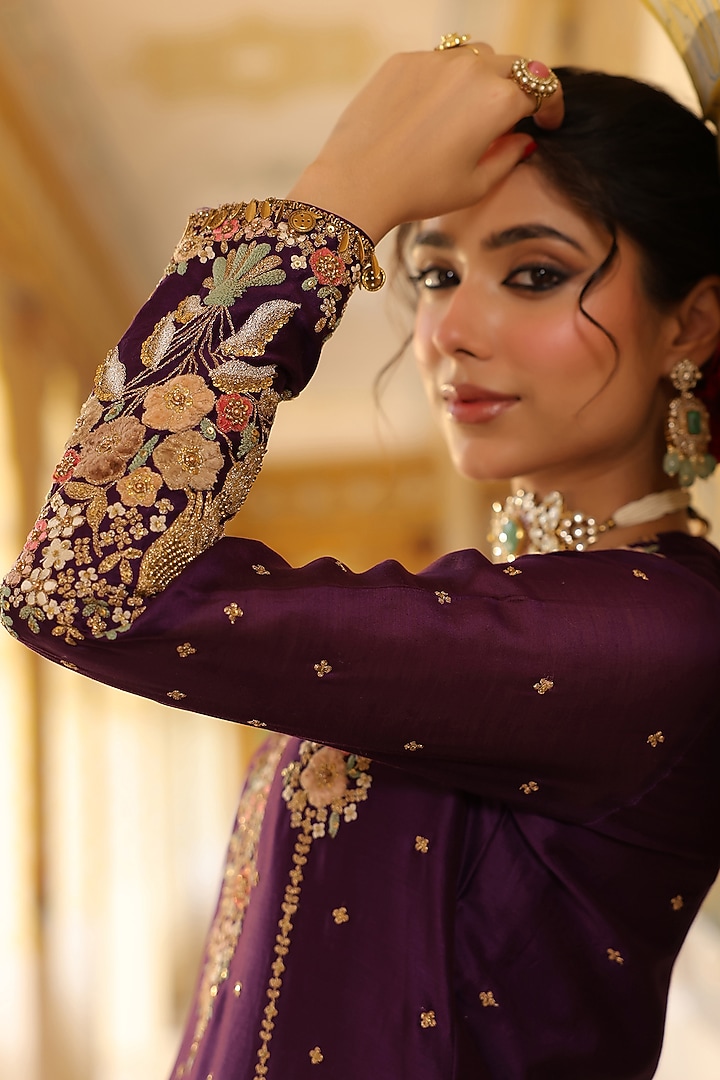 Purple Silk Chanderi Zardosi Embroidered Wedding Sharara Set by Niti Bothra at Pernia's Pop Up Shop