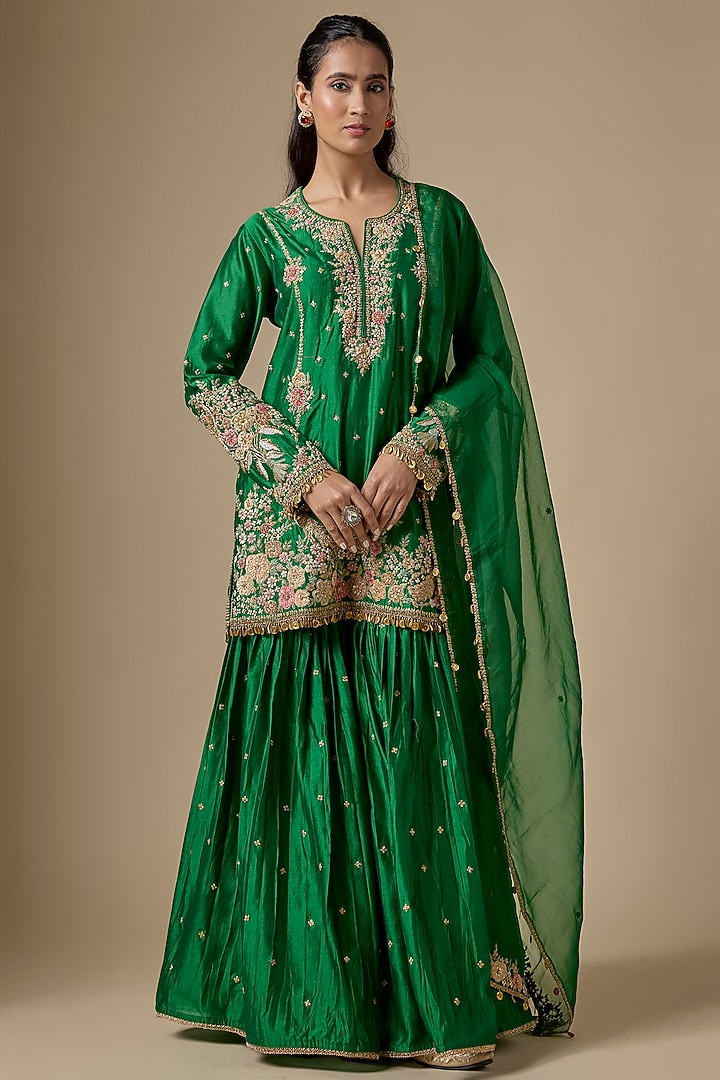 Green Silk Chanderi Zardosi Embroidered Wedding Sharara Set by Niti Bothra at Pernia's Pop Up Shop