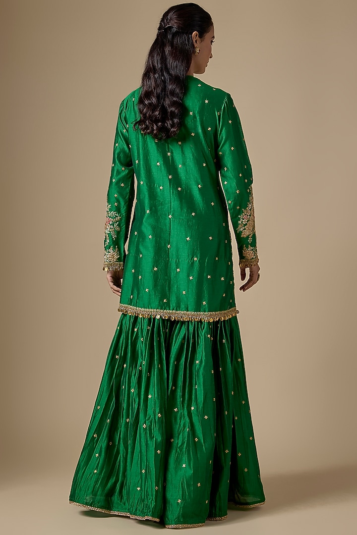 Green Silk Chanderi Zardosi Embroidered Wedding Sharara Set by Niti Bothra at Pernia's Pop Up Shop