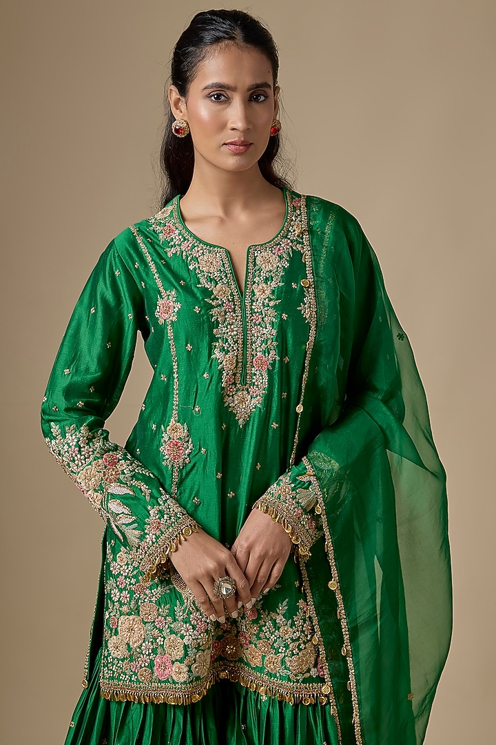Green Silk Chanderi Zardosi Embroidered Wedding Sharara Set by Niti Bothra at Pernia's Pop Up Shop