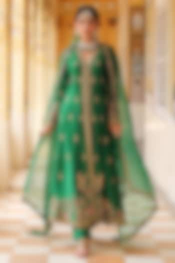 Green Silk Tencel Embroidered Kalidar Bridal Anarkali Set by Niti Bothra at Pernia's Pop Up Shop