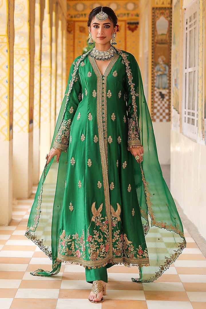 Green Silk Tencel Embroidered Kalidar Bridal Anarkali Set by Niti Bothra at Pernia's Pop Up Shop
