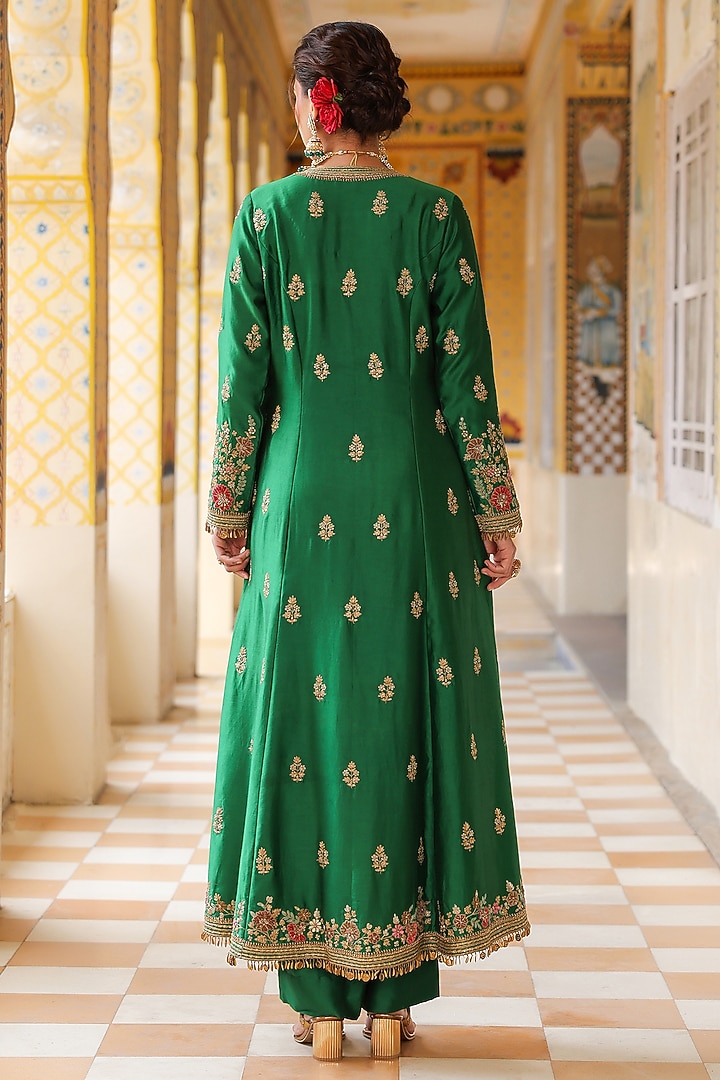 Green Silk Tencel Embroidered Kalidar Bridal Anarkali Set by Niti Bothra at Pernia's Pop Up Shop
