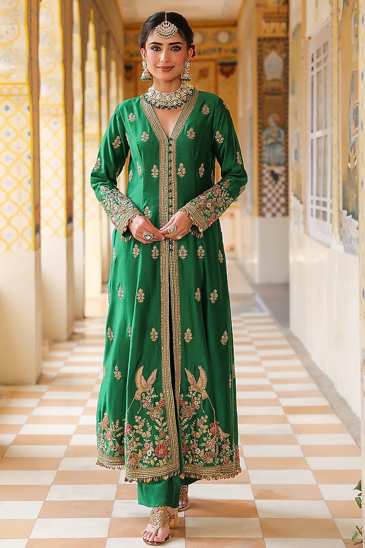 Green Silk Tencel Embroidered Kalidar Bridal Anarkali Set by Niti Bothra at Pernia's Pop Up Shop