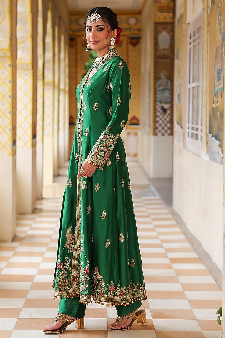 Green Silk Tencel Embroidered Kalidar Bridal Anarkali Set by Niti Bothra at Pernia's Pop Up Shop
