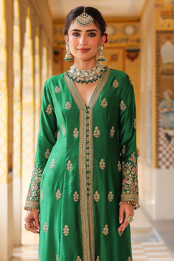 Green Silk Tencel Embroidered Kalidar Bridal Anarkali Set by Niti Bothra at Pernia's Pop Up Shop