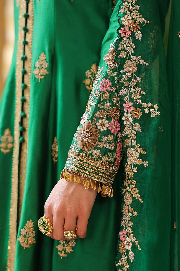 Green Silk Tencel Embroidered Kalidar Bridal Anarkali Set by Niti Bothra at Pernia's Pop Up Shop
