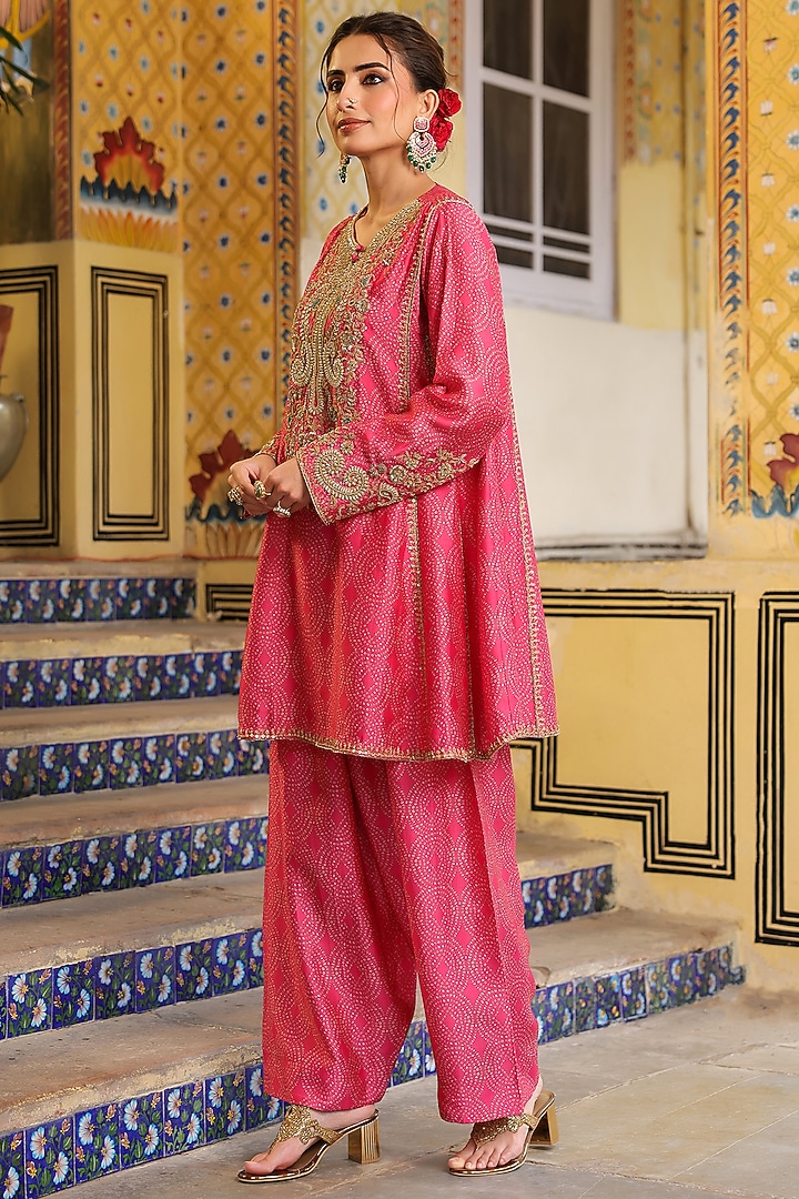 Pink Silk Tencel Printed & Zardosi Embroidered Kurta Set by Niti Bothra at Pernia's Pop Up Shop