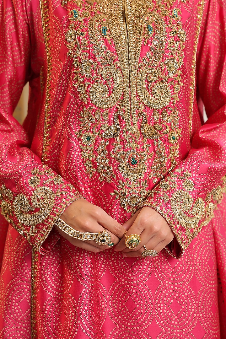 Pink Silk Tencel Printed & Zardosi Embroidered Kurta Set by Niti Bothra at Pernia's Pop Up Shop