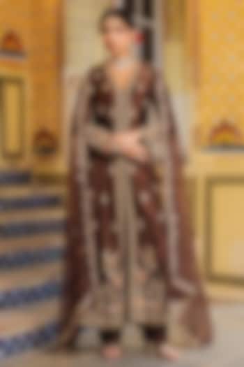 Brown Silk Tencel Embroidered Kalidar Bridal Anarkali Set by Niti Bothra at Pernia's Pop Up Shop