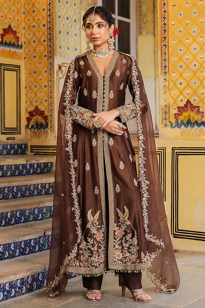 Brown Silk Tencel Embroidered Kalidar Bridal Anarkali Set by Niti Bothra at Pernia's Pop Up Shop