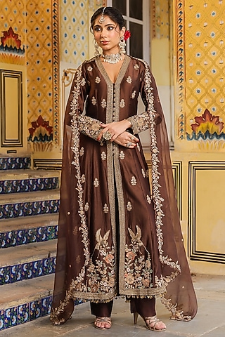 Brown Silk Tencel Embroidered Kalidar Anarkali Set by Niti Bothra