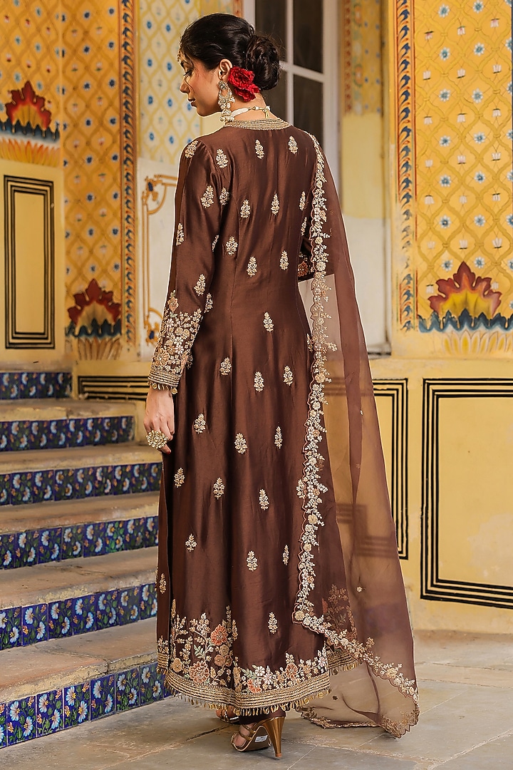 Brown Silk Tencel Embroidered Kalidar Bridal Anarkali Set by Niti Bothra at Pernia's Pop Up Shop