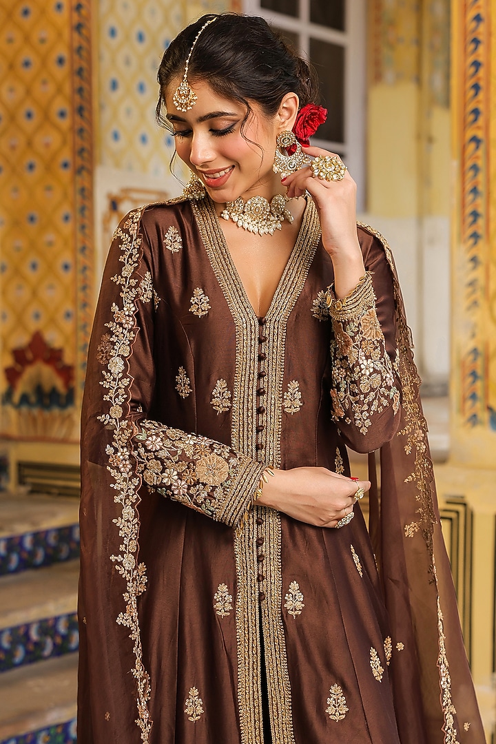 Brown Silk Tencel Embroidered Kalidar Bridal Anarkali Set by Niti Bothra at Pernia's Pop Up Shop