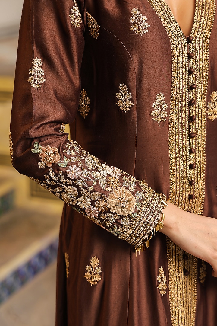 Brown Silk Tencel Embroidered Kalidar Bridal Anarkali Set by Niti Bothra at Pernia's Pop Up Shop