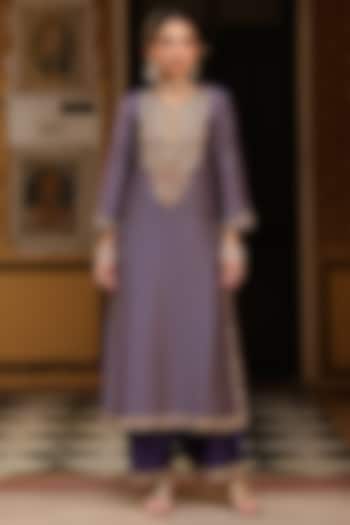 Purple Silk Tencel Printed & Embroidered Kurta Set by Niti Bothra at Pernia's Pop Up Shop