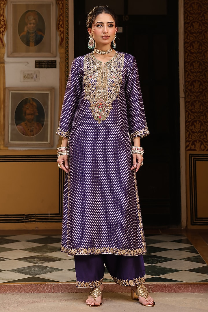 Purple Silk Tencel Printed & Embroidered Kurta Set by Niti Bothra at Pernia's Pop Up Shop