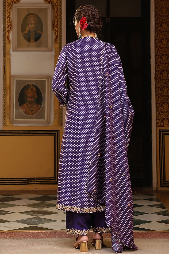 Purple Silk Tencel Printed & Embroidered Kurta Set by Niti Bothra at Pernia's Pop Up Shop