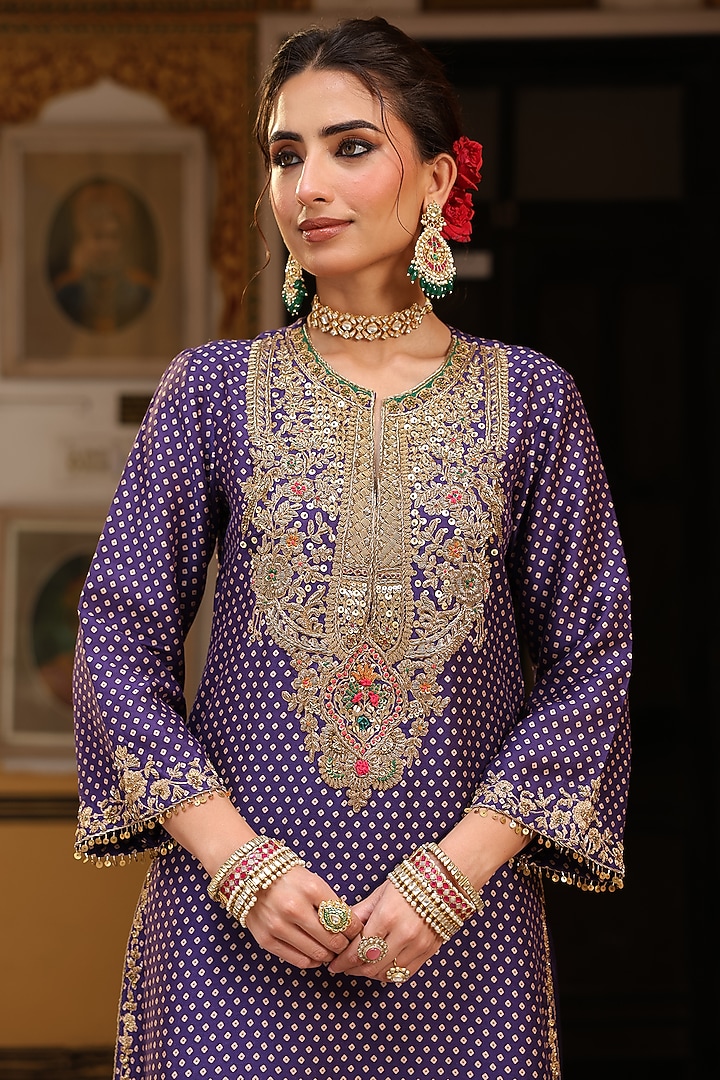 Purple Silk Tencel Printed & Embroidered Kurta Set by Niti Bothra at Pernia's Pop Up Shop