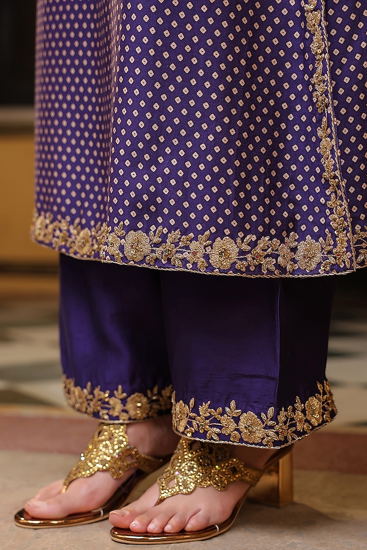Purple Silk Tencel Printed & Embroidered Kurta Set by Niti Bothra at Pernia's Pop Up Shop