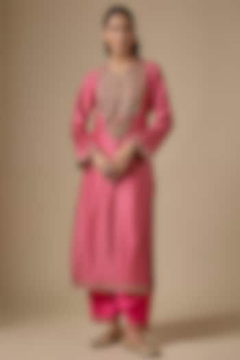 Pink Silk Tencel Embroidered & Printed Kurta Set by Niti Bothra at Pernia's Pop Up Shop