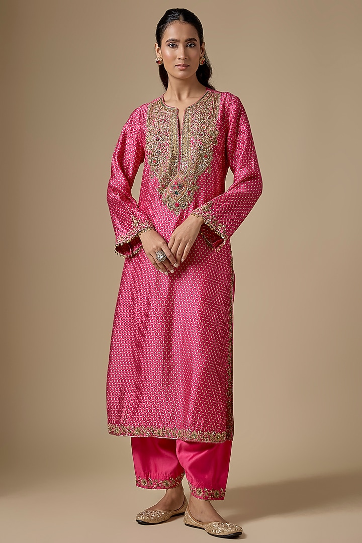 Pink Silk Tencel Embroidered & Printed Kurta Set by Niti Bothra at Pernia's Pop Up Shop