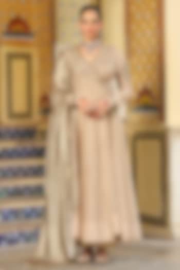 Ivory Silk Chanderi Printed & Zardosi Embroidered Angrakha Set by Niti Bothra at Pernia's Pop Up Shop