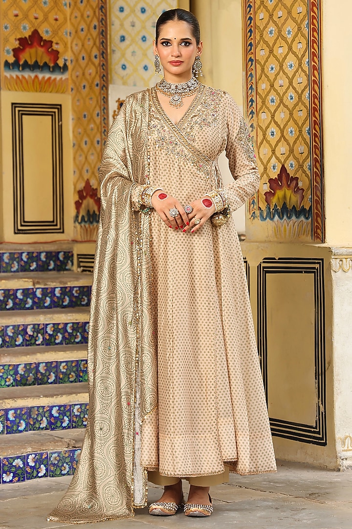 Ivory Silk Chanderi Printed & Zardosi Embroidered Angrakha Set by Niti Bothra at Pernia's Pop Up Shop