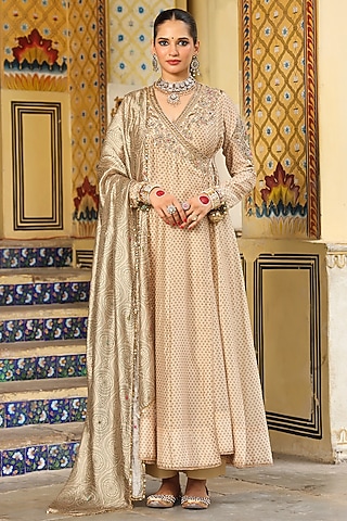 Ivory Silk Chanderi Printed & Zardosi Embroidered Angrakha Set by Niti Bothra