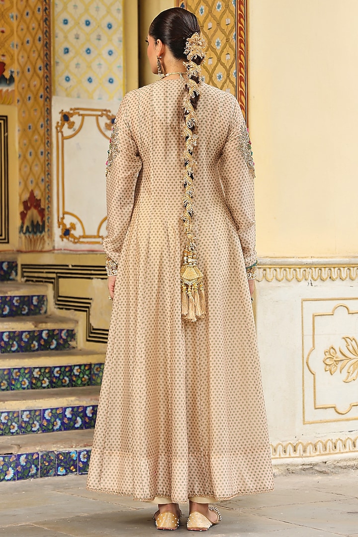 Ivory Silk Chanderi Printed & Zardosi Embroidered Angrakha Set by Niti Bothra at Pernia's Pop Up Shop