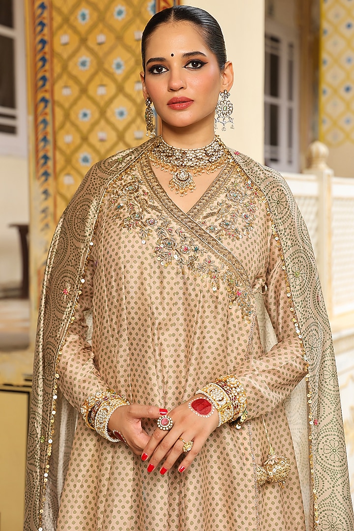 Ivory Silk Chanderi Printed & Zardosi Embroidered Angrakha Set by Niti Bothra at Pernia's Pop Up Shop