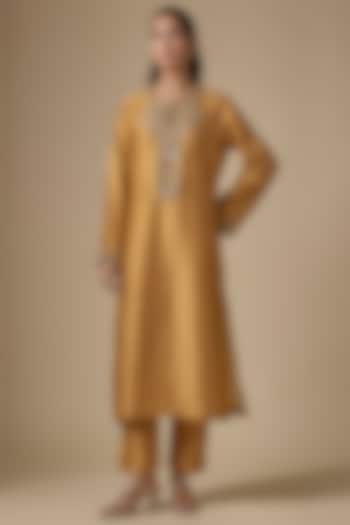 Mustard Silk Tencel Embroidered & Printed Kurta Set by Niti Bothra at Pernia's Pop Up Shop