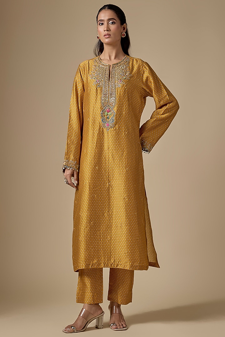 Mustard Silk Tencel Embroidered & Printed Kurta Set by Niti Bothra at Pernia's Pop Up Shop