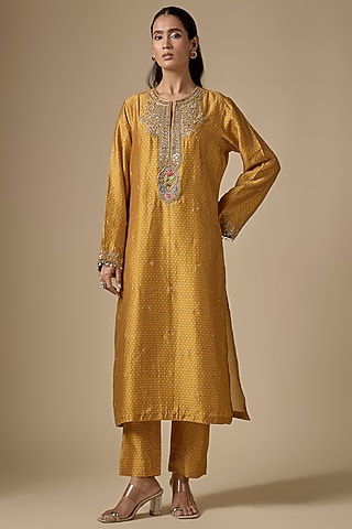 Mustard Silk Tencel Embroidered & Printed Kurta Set by Niti Bothra