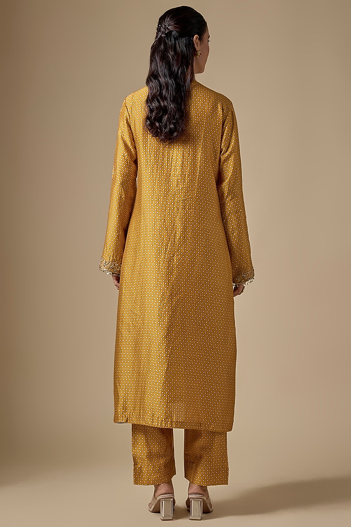 Mustard Silk Tencel Embroidered & Printed Kurta Set by Niti Bothra at Pernia's Pop Up Shop