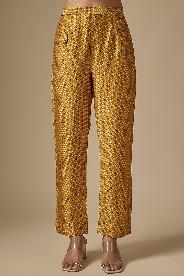 Mustard Silk Tencel Embroidered & Printed Kurta Set by Niti Bothra at Pernia's Pop Up Shop