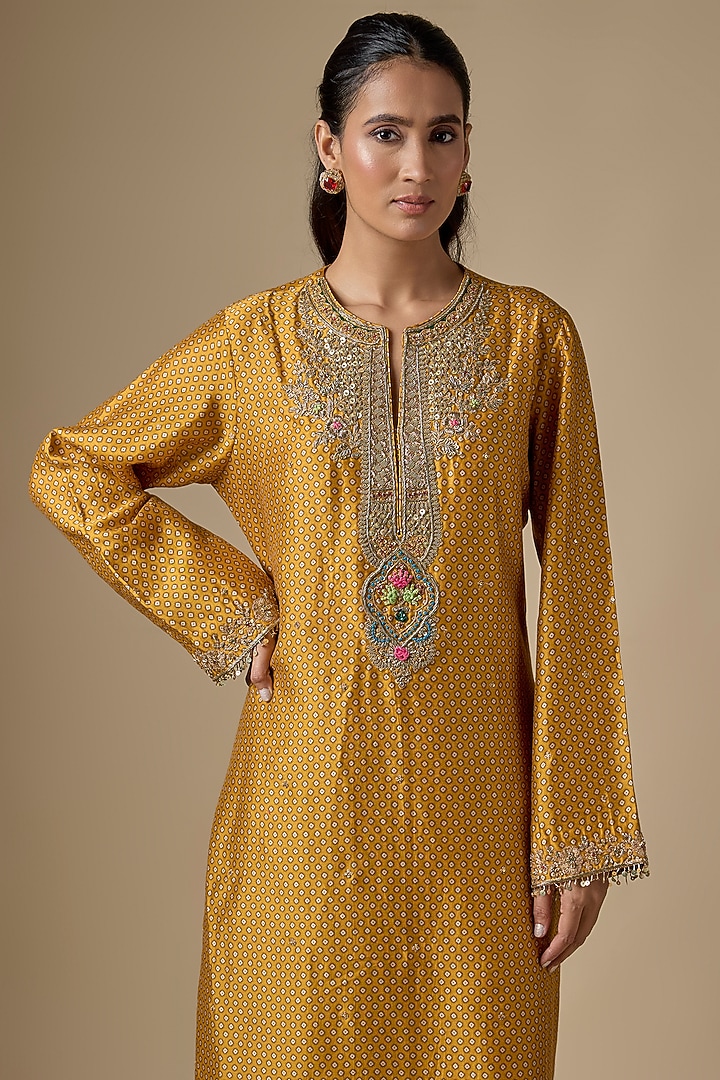 Mustard Silk Tencel Embroidered & Printed Kurta Set by Niti Bothra at Pernia's Pop Up Shop