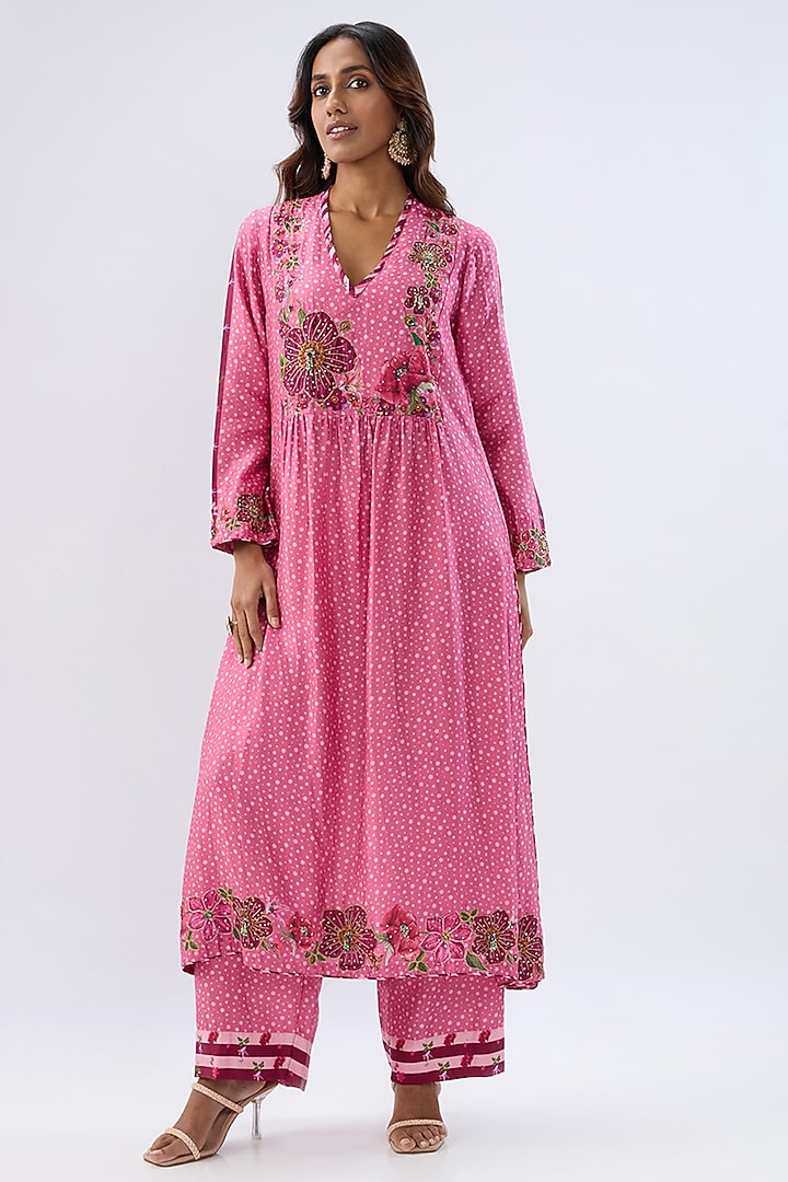 Pink Silk Tencel Thread Embroidered & Printed Kurta Set by Niti Bothra at Pernia's Pop Up Shop