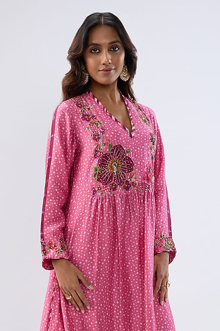 Pink Silk Tencel Thread Embroidered & Printed Kurta Set by Niti Bothra at Pernia's Pop Up Shop