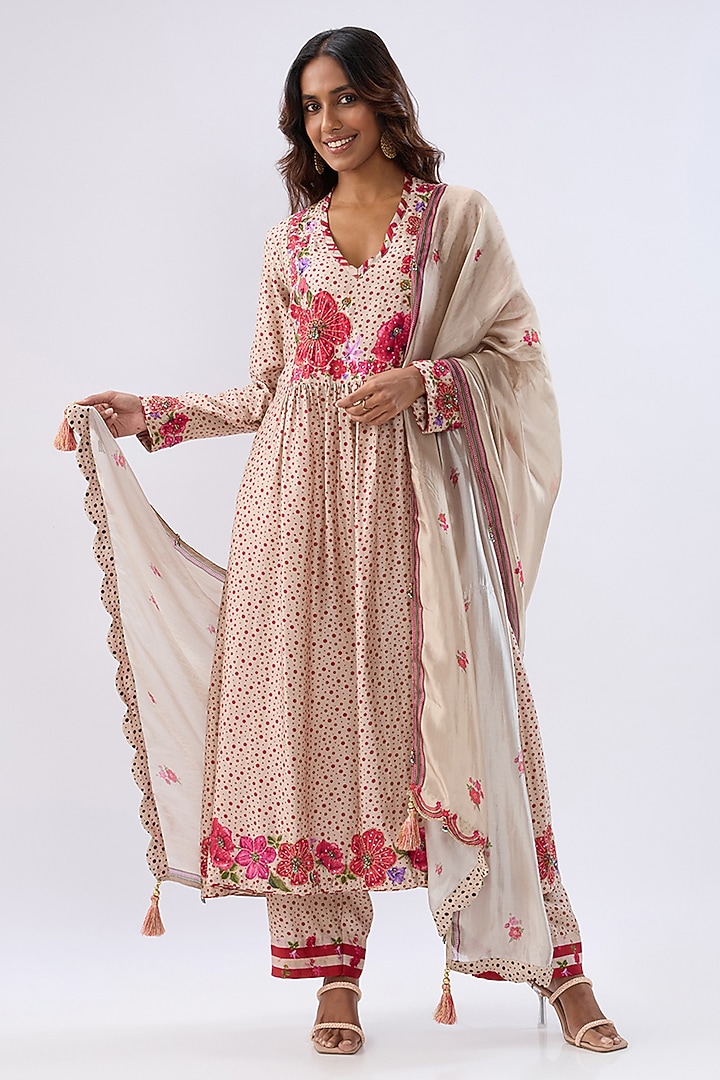 Ivory Silk Tencel Thread Embroidered & Printed Kurta Set by Niti Bothra at Pernia's Pop Up Shop