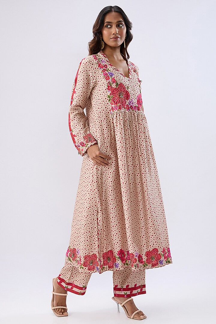Ivory Silk Tencel Thread Embroidered & Printed Kurta Set by Niti Bothra at Pernia's Pop Up Shop