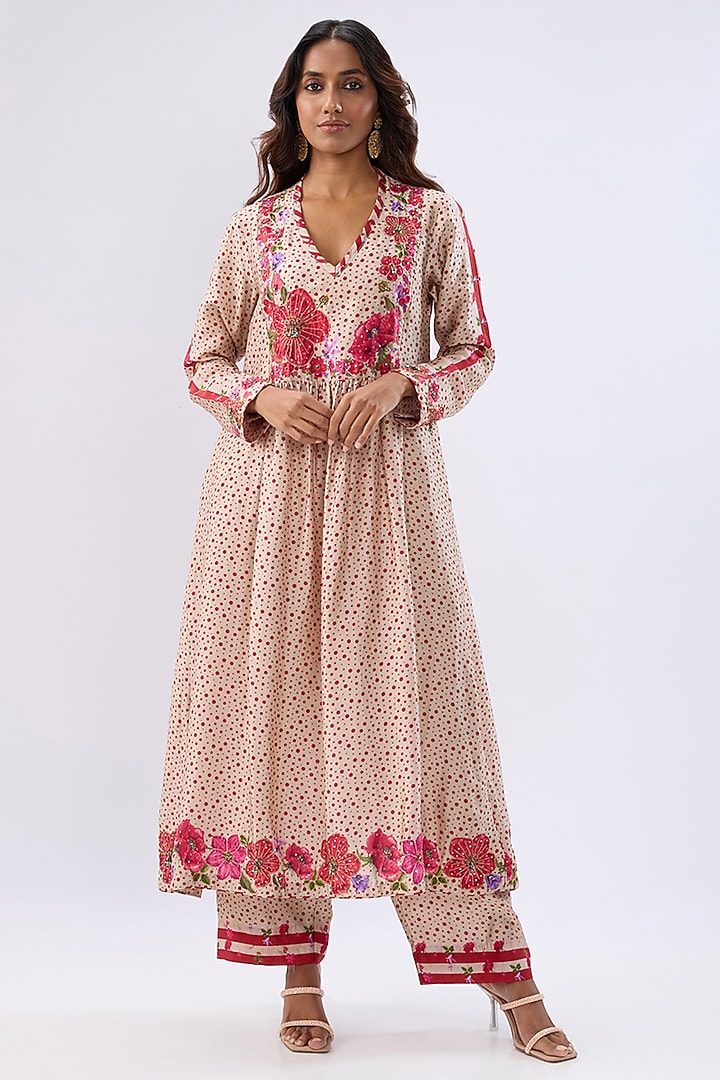 Ivory Silk Tencel Thread Embroidered & Printed Kurta Set by Niti Bothra at Pernia's Pop Up Shop