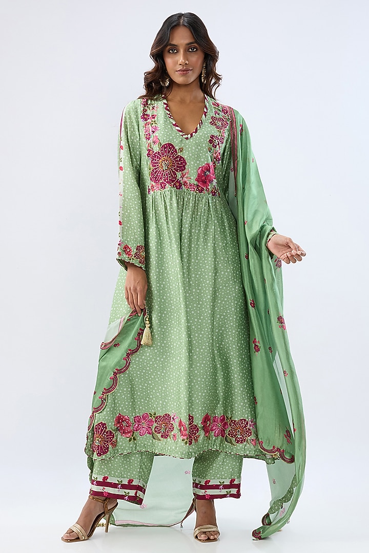 Green Silk Tencel Thread Embroidered & Printed Kurta Set by Niti Bothra at Pernia's Pop Up Shop