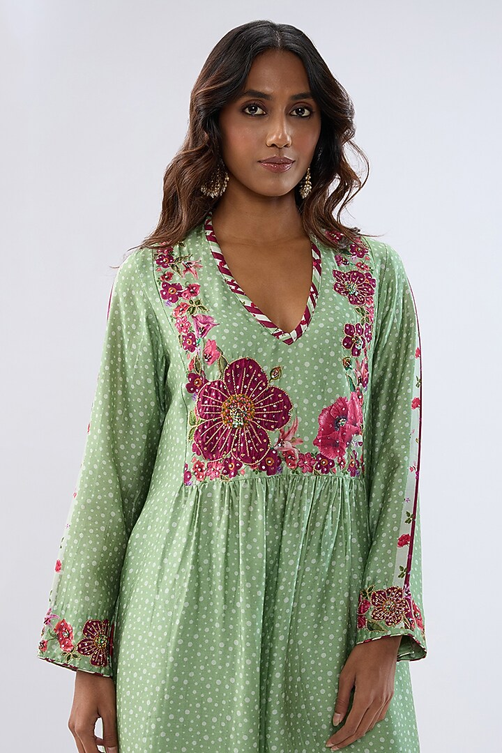 Green Silk Tencel Thread Embroidered & Printed Kurta Set by Niti Bothra at Pernia's Pop Up Shop